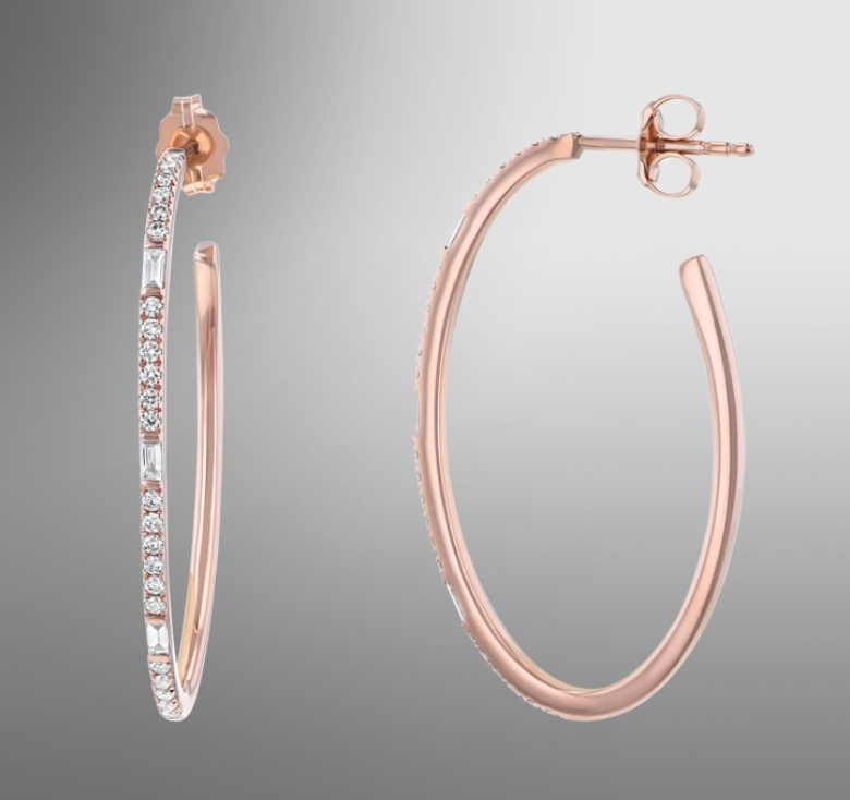 Oval Shaped Hoop Earrings with Round and Baguette Diamonds - .45 ctw