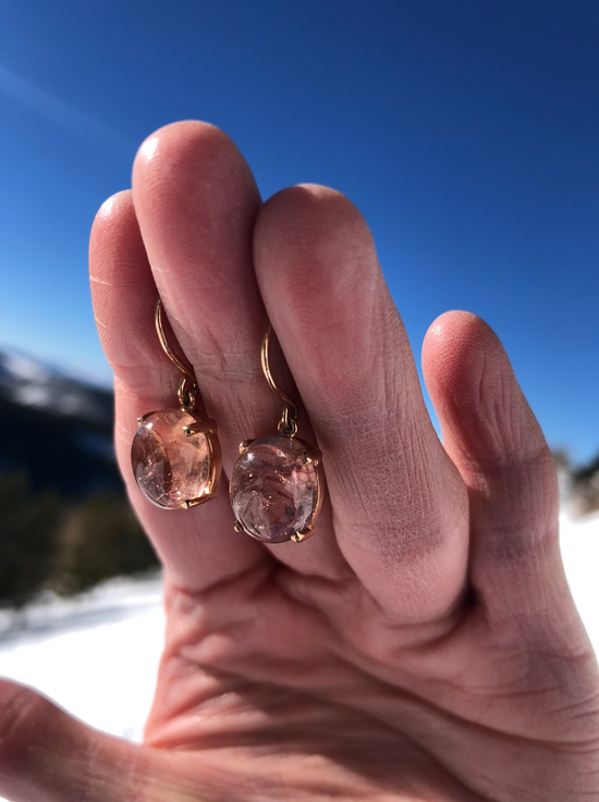 Pink Tourmaline Cabochon Drop Earrings in Rose Gold