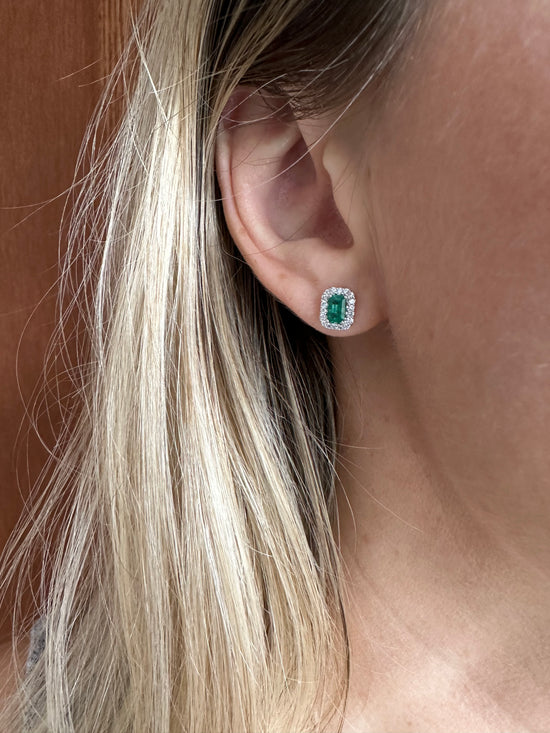 Emerald and Diamond Stud Earrings in Emerald Cut Shape