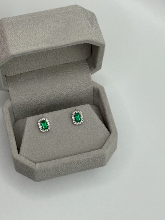 Emerald and Diamond Stud Earrings in Emerald Cut Shape