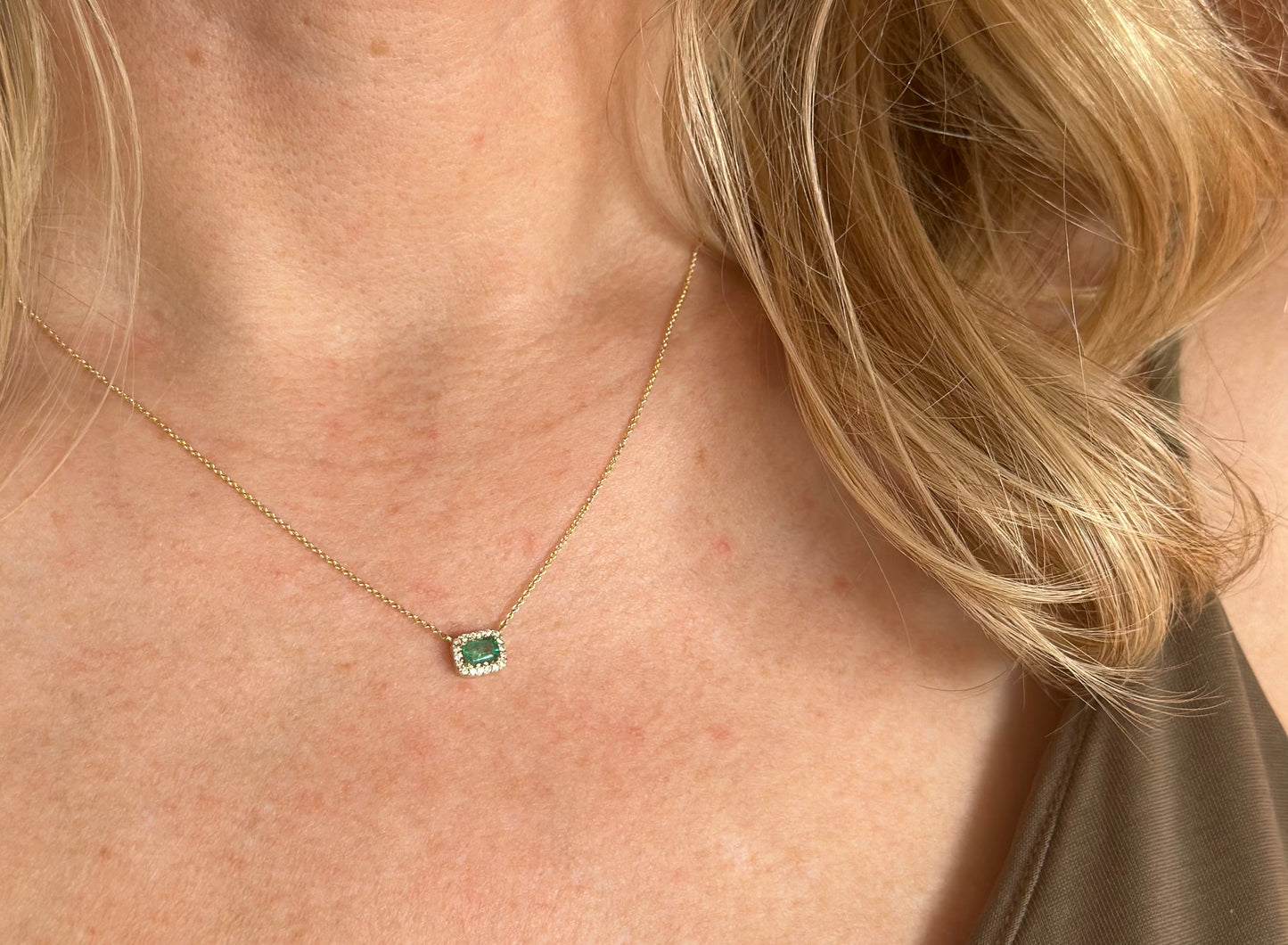 Emerald and Diamond Halo Necklace