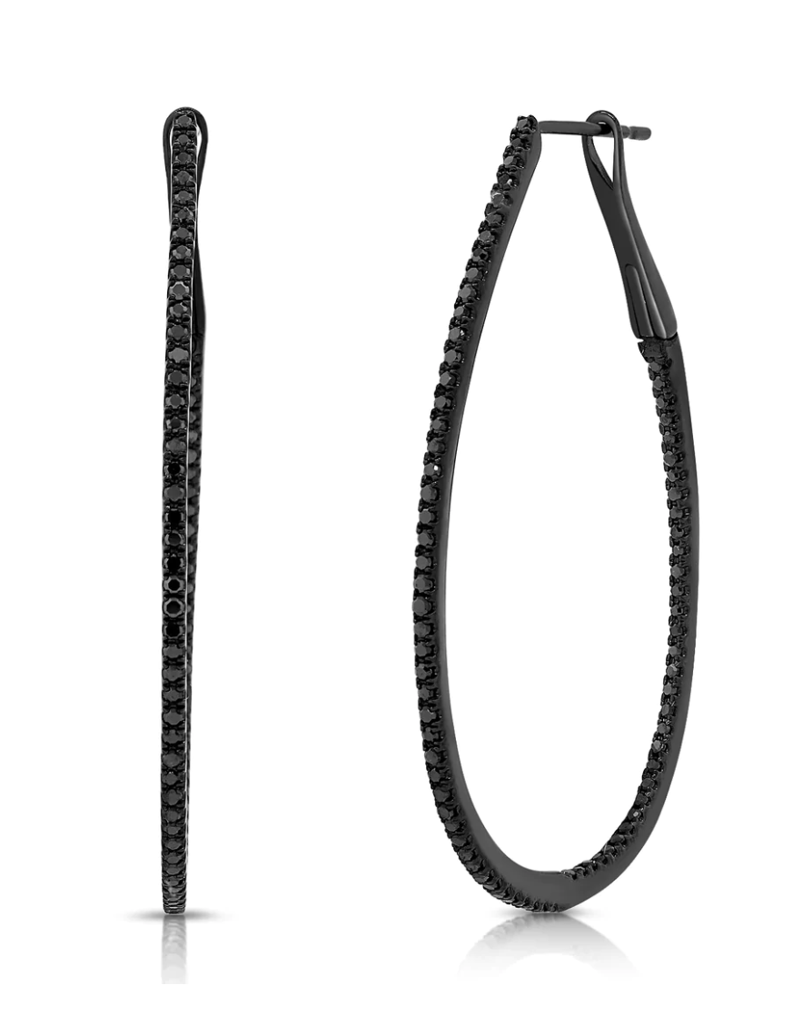 Black Diamond Oval Hoop Earrings - 1.75" Length
