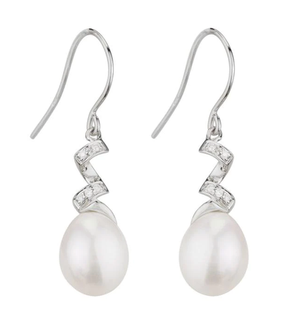 Zig-Zag Diamond and Pearl Drop Earrings