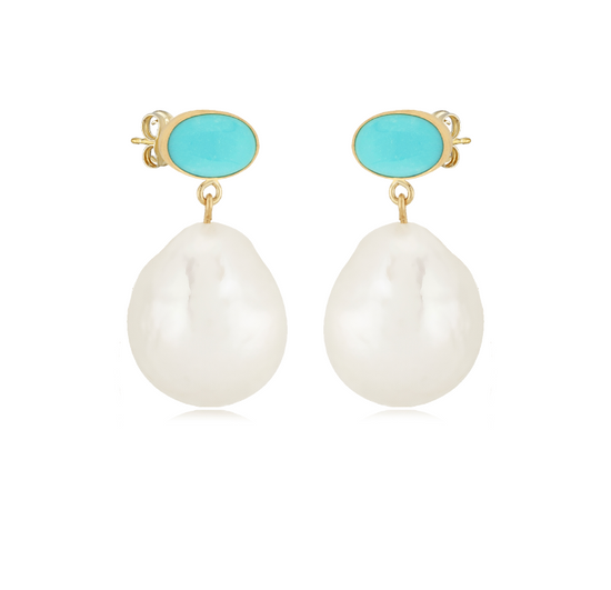 Load image into Gallery viewer, Turquoise and Baroque Pearl Drop Earrings
