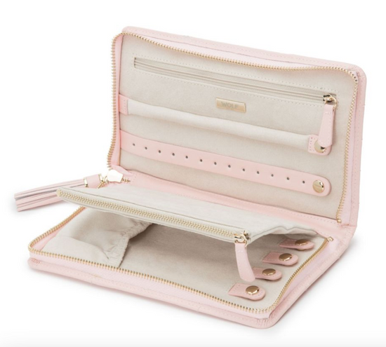 Load image into Gallery viewer, Pink Leather Travel Jewelry Zip Portfolio Case
