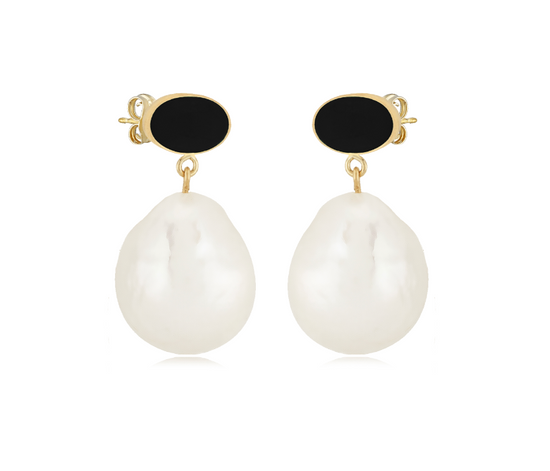 Load image into Gallery viewer, Onyx and Baroque Pearl Drop Earrings
