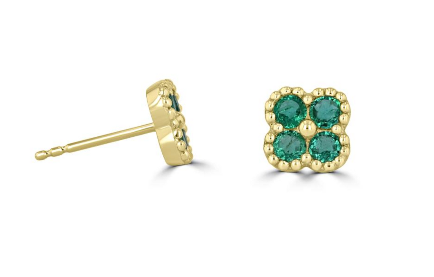Emerald Stud Earrings with Beaded Detail Edge