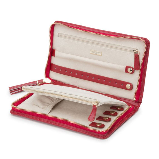Load image into Gallery viewer, Red Leather Travel Jewelry Zip Portfolio Case

