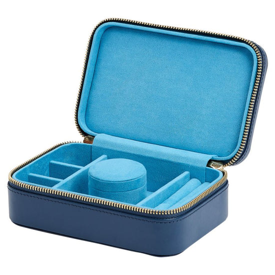 Sapphire Blue Leather Travel Jewelry Zip Case