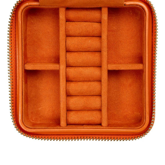 Load image into Gallery viewer, Orange Leather Travel Jewelry Zip Case
