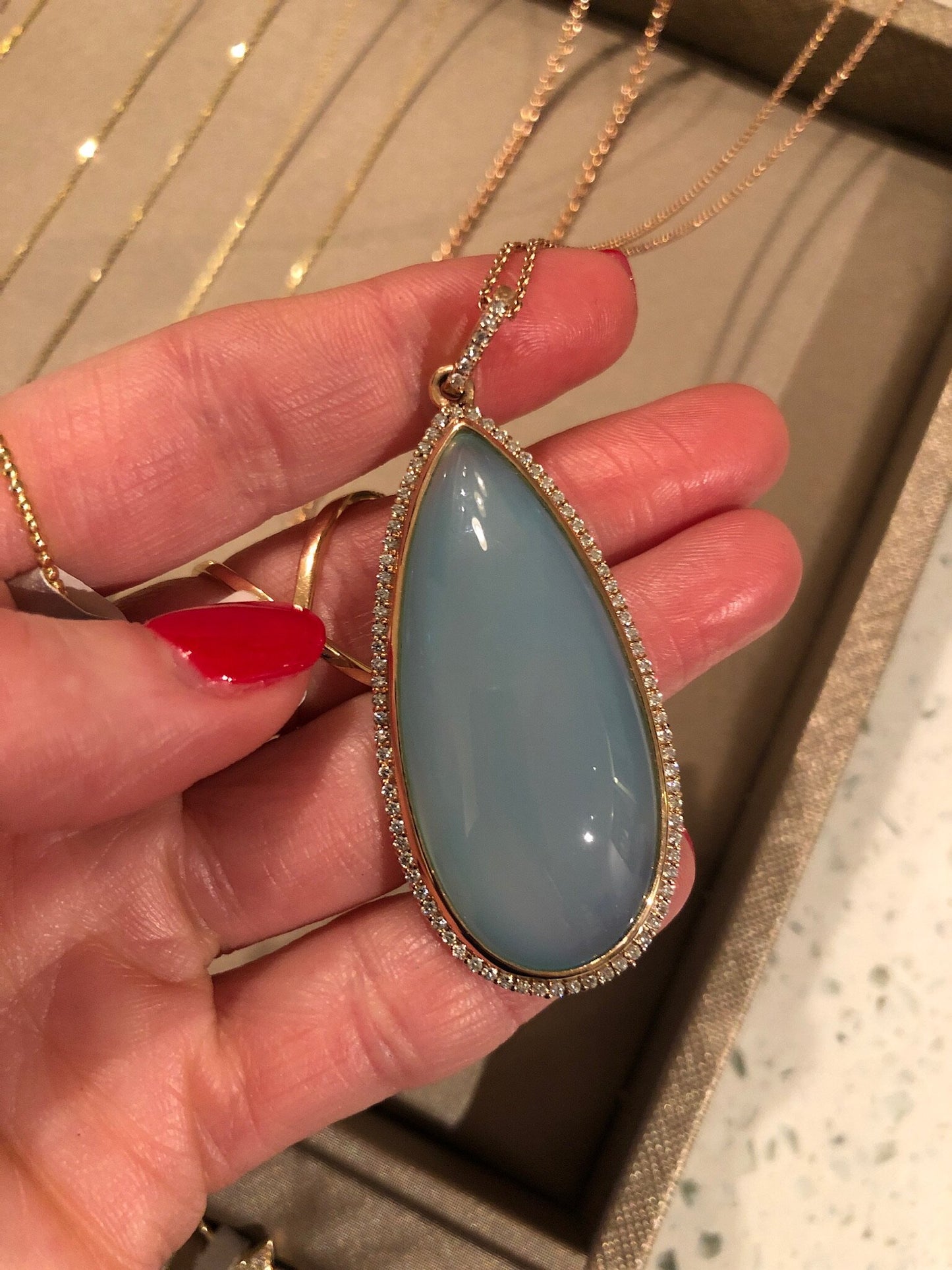 One of a Kind - Chalcedony and Diamond Rose Gold Pendant