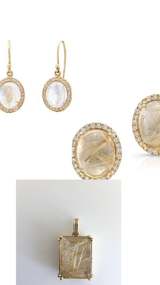 Diamond and Rutilated Quartz Drop Earrings in 18k Yellow Gold