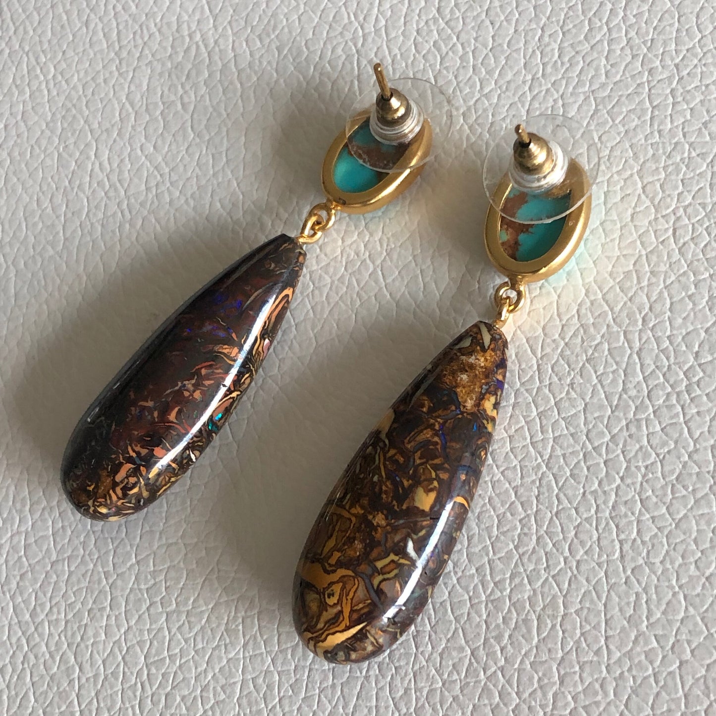 Kingman Turquoise and Australian Bouldered Opal Post Earring Drops