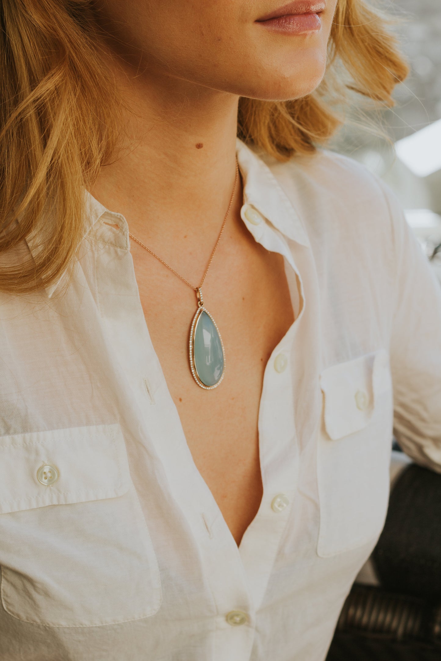 One of a Kind - Chalcedony and Diamond Rose Gold Pendant