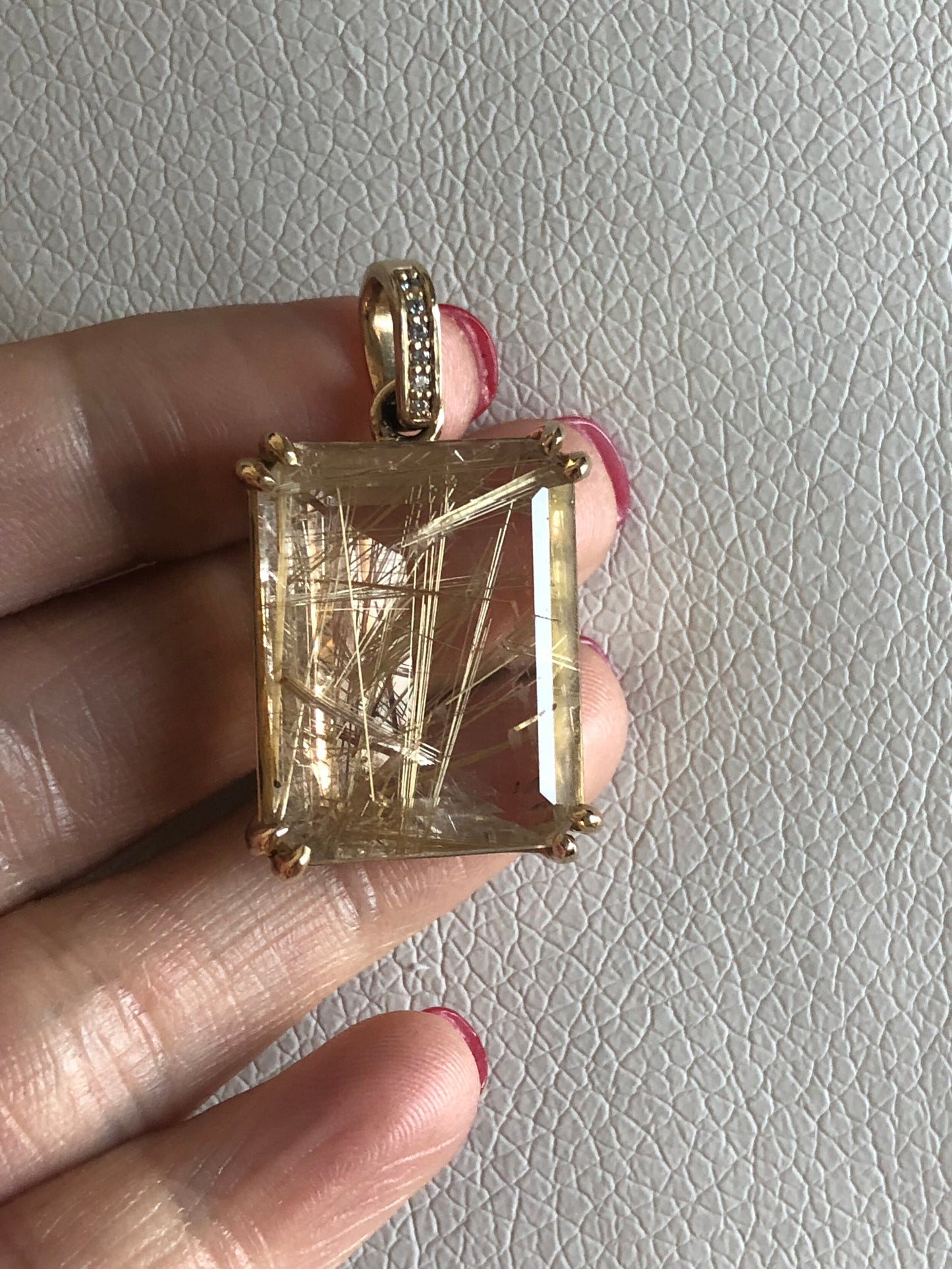Rutilated Quartz and Diamond Bale Pendant in 18K Yellow Gold