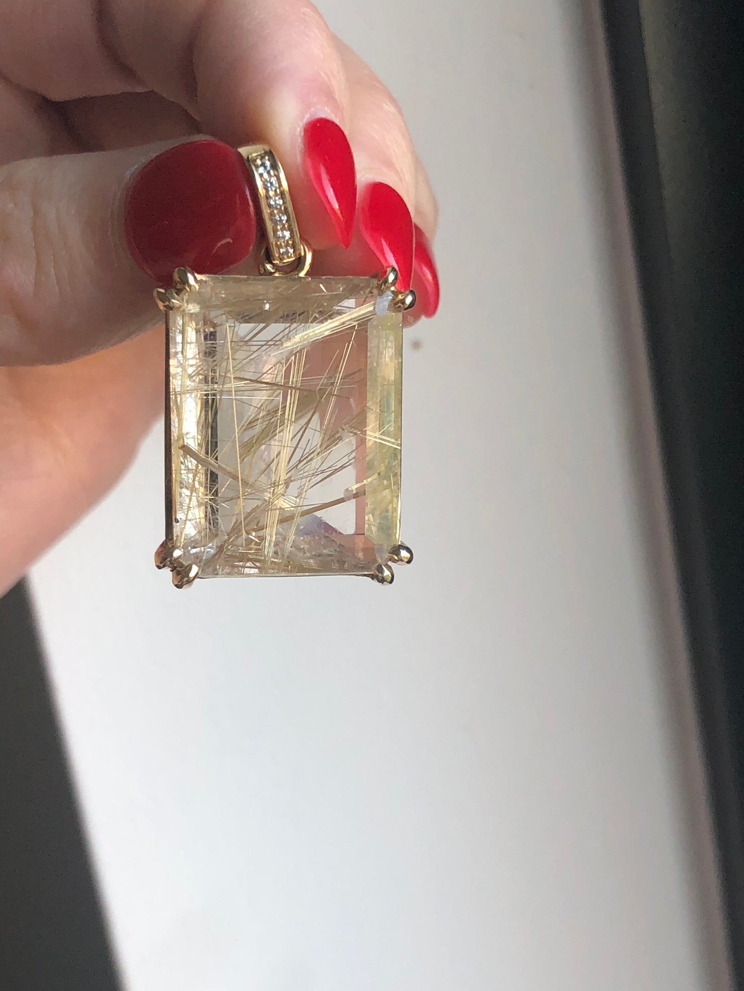 Rutilated Quartz and Diamond Bale Pendant in 18K Yellow Gold