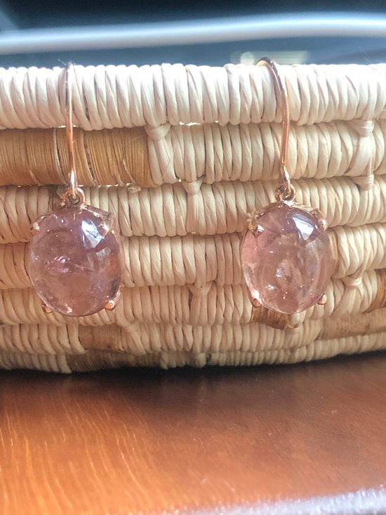 Pink Tourmaline Cabochon Drop Earrings in Rose Gold