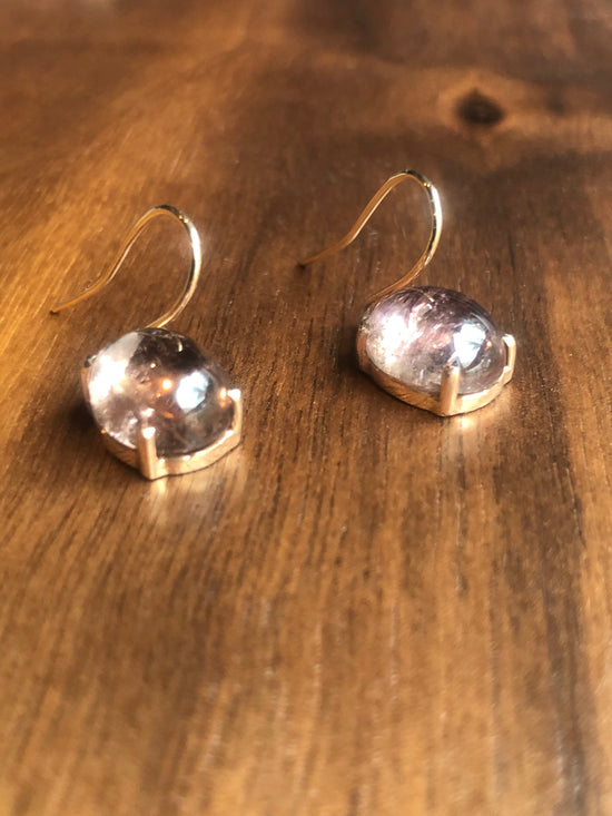 Pink Tourmaline Cabochon Drop Earrings in Rose Gold