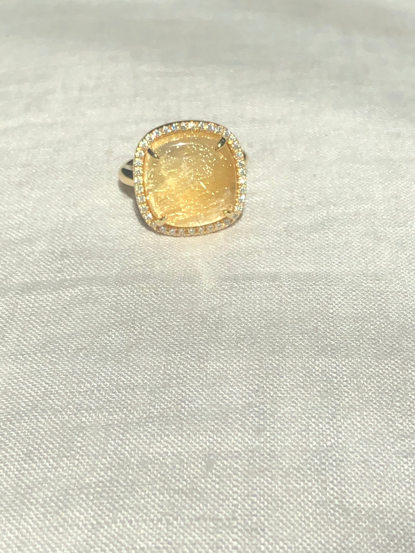 Rutilated Quartz Cabochon and Diamond Ring in 18k Yellow Gold