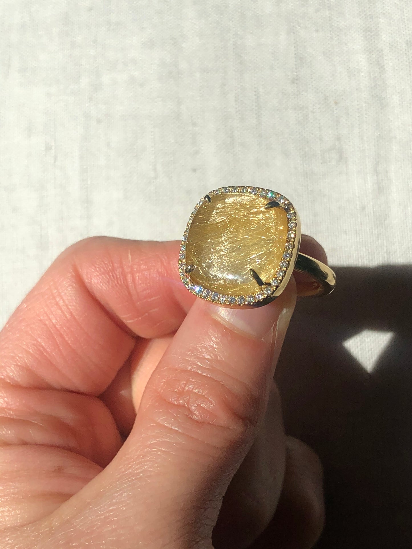 Rutilated Quartz Cabochon and Diamond Ring in 18k Yellow Gold