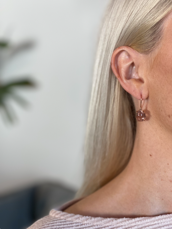 Pink Tourmaline Cabochon Drop Earrings in Rose Gold