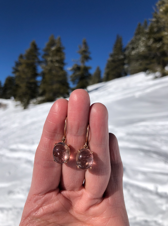 Pink Tourmaline Cabochon Drop Earrings in Rose Gold