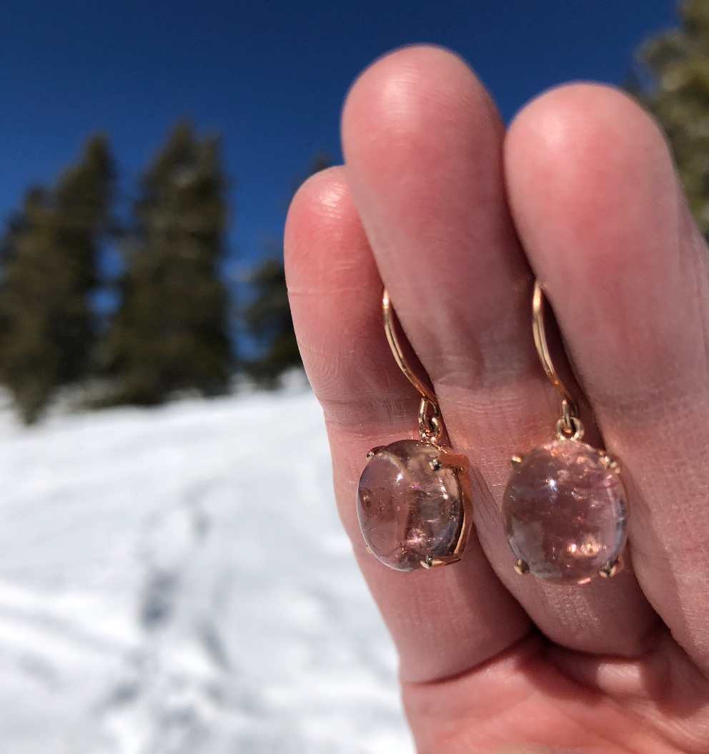 Pink Tourmaline Cabochon Drop Earrings in Rose Gold