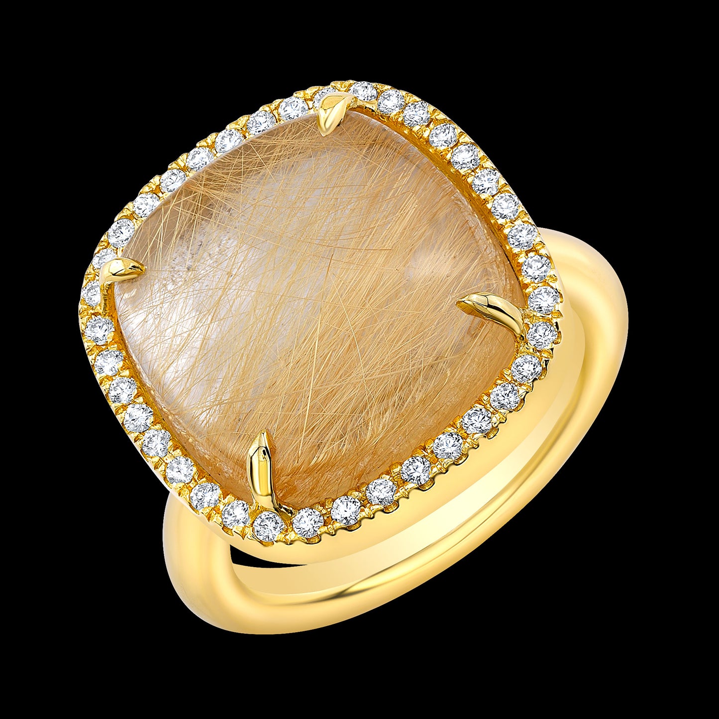 Rutilated Quartz Cabochon and Diamond Ring in 18k Yellow Gold