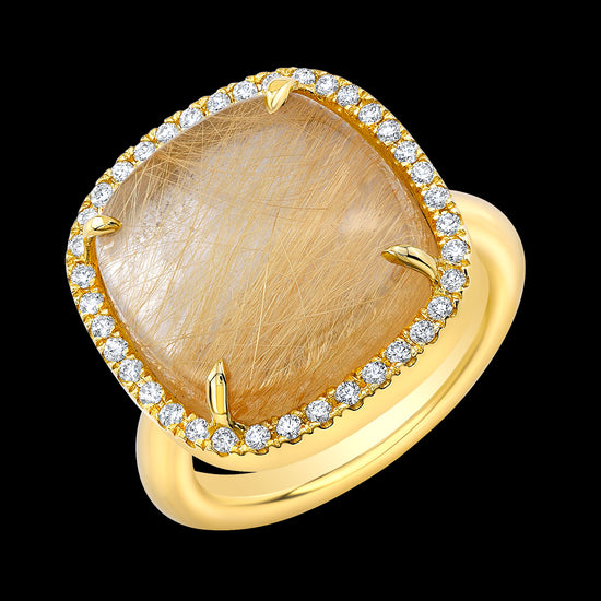 Rutilated Quartz Cabochon and Diamond Ring in 18k Yellow Gold