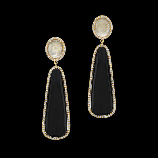 Diamonds, Black Onyx, and Rutilated Quartz Drop Earrings
